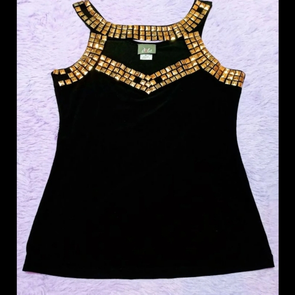 🆗Black & Gold Stud Trim Stretchy Top M - Picture 3 of 13